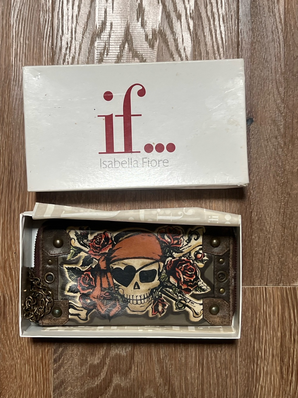 Isabella Fiore Leather Brown & Orange Skull and Rose w/Metal Chain Wallet